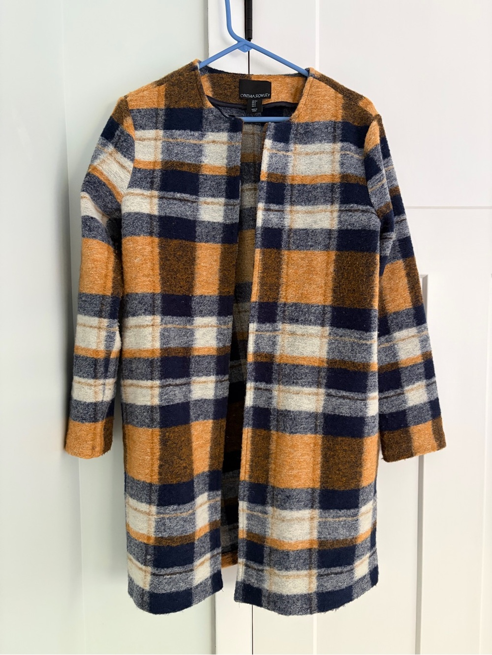 Cynthia Rowley Plaid Open-Front Pea Coat - Mustard, Navy, Cream